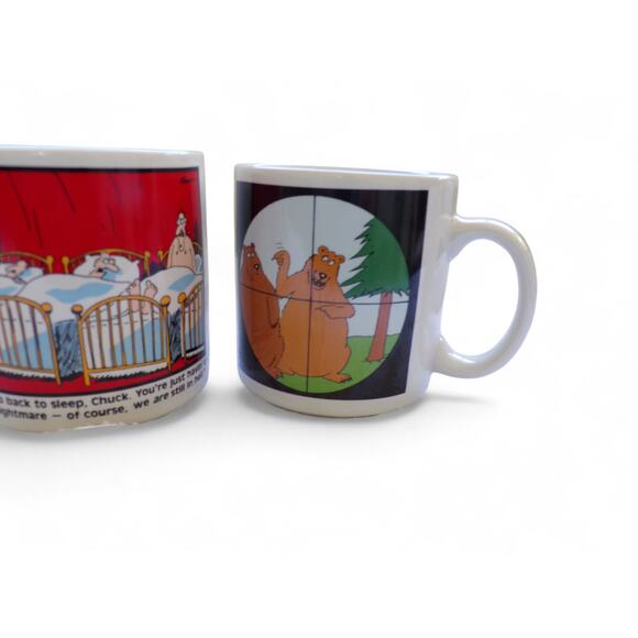 The Far Side Mugs (2) 1981 1986 Chuck In Hell Bear In Sights Hunters Vintage - Picture 2 of 5